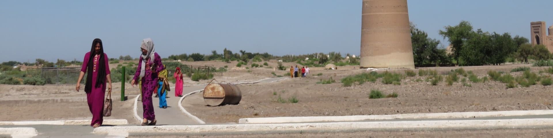 The Kutlug-Timur minaret raises its column high above a vast flat plain of this UNESCO world heritage area.