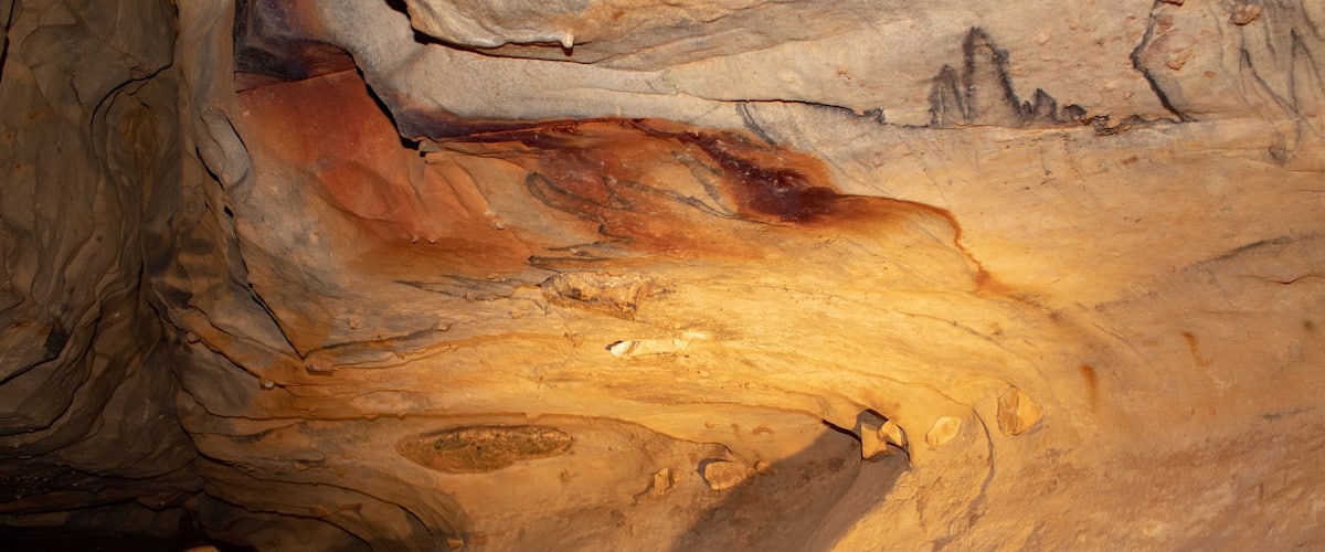A cave with layered rock formations and a cave bear drawing.