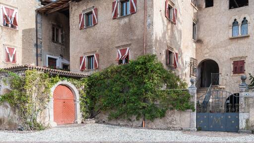 The medieval Casez Castle (or Palazzo Concini) XV century - details of the facade, Sanzeno, Non valley, Trento province, Trentino Alto-Adige, Italy, Europe - November 12, 2022