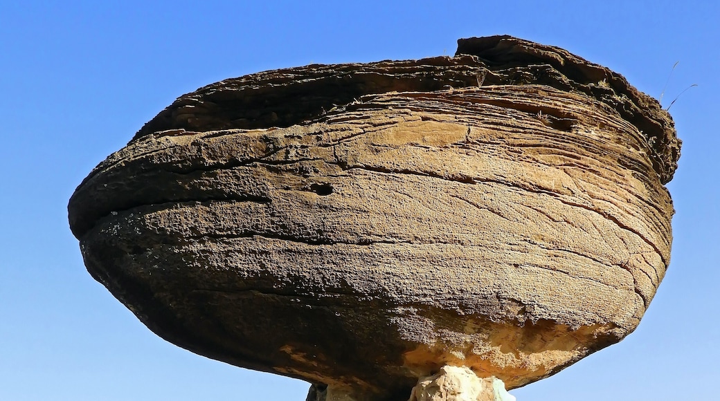 a eroded mushroom rock formation in the roadside attraction of mushroom rock state park, near salina, in north central kansas
