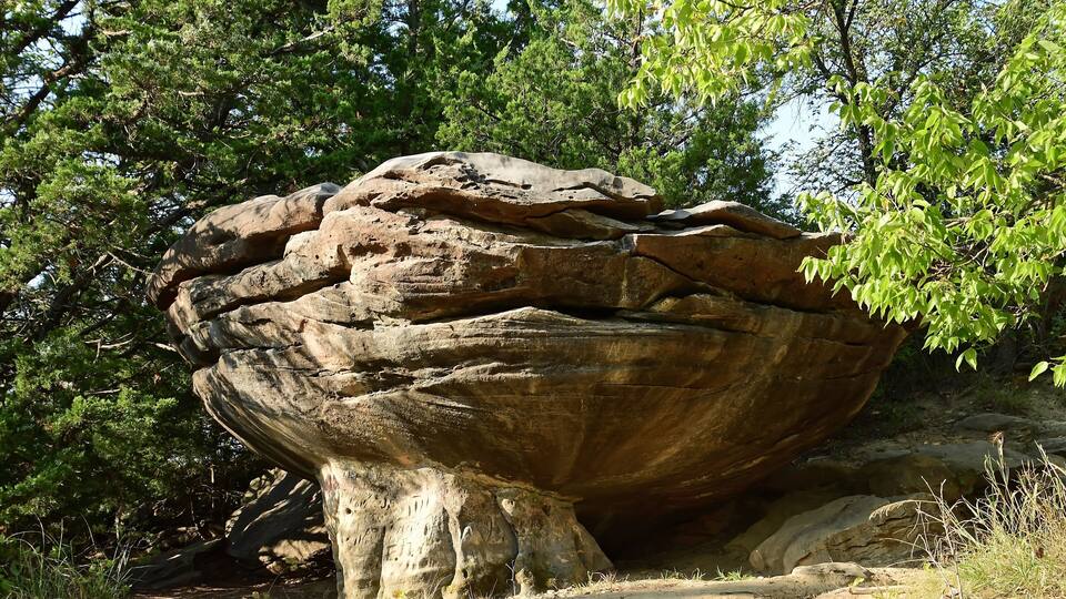 A large rock formation surrounded by trees.