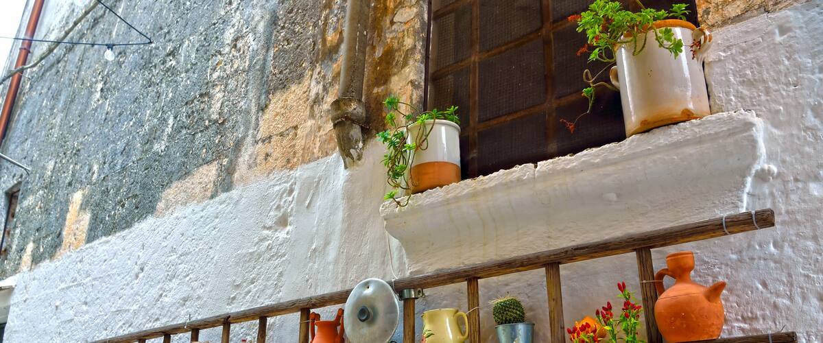 A wall-mounted shelf with various ceramic pots, pans, and a small cactus.