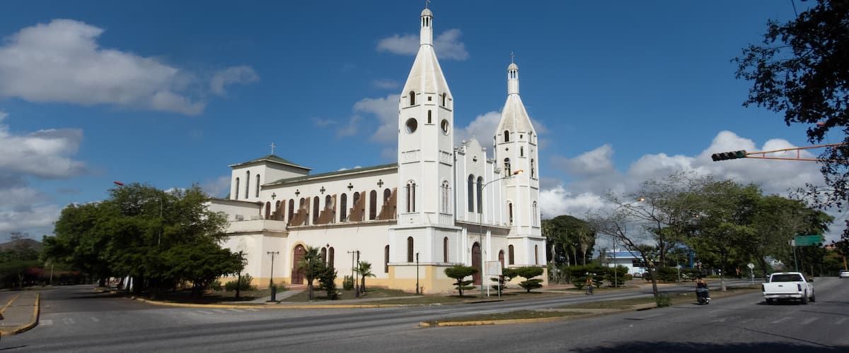 A large white church with two tall towers and a dome, surrounded by trees and a clear blue sky.