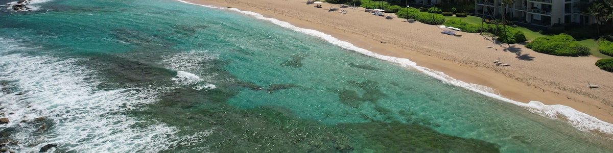 Ein Strand mit klarem türkisblauem Wasser, einem Sandufer und einer Reihe moderner Gebäude mit Palmen.