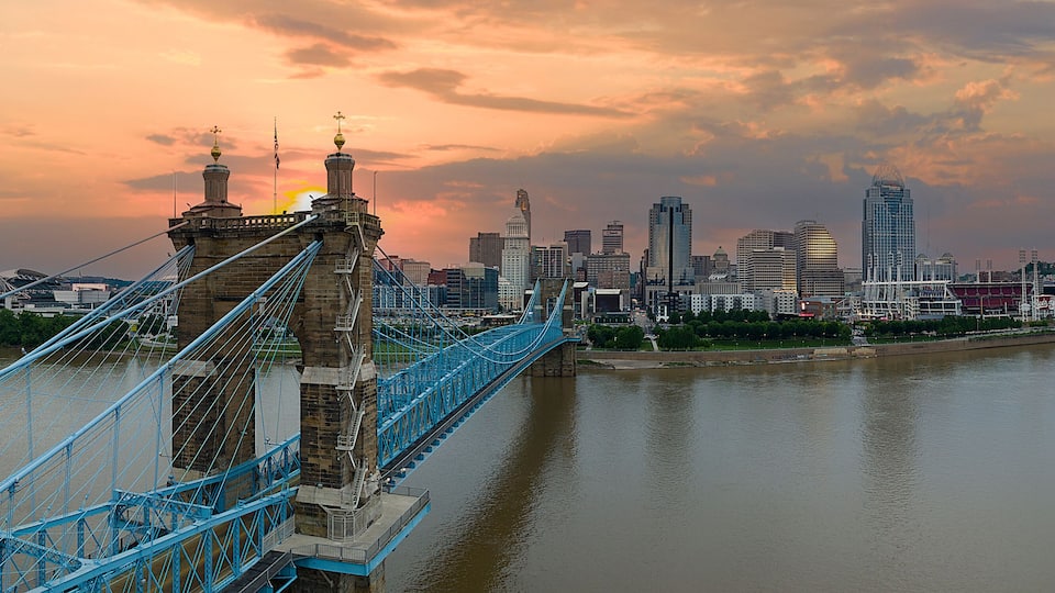 A blue suspension bridge over a river with a city skyline in the background.