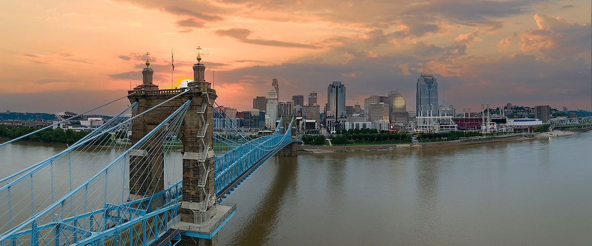 A blue suspension bridge over a river with a city skyline in the background.