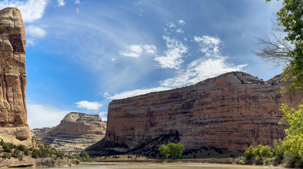 View of the Yampa River flowing past the towering rock formations and rugged cliffs under a bright blue sky in Moffat County, Colorado, United States.