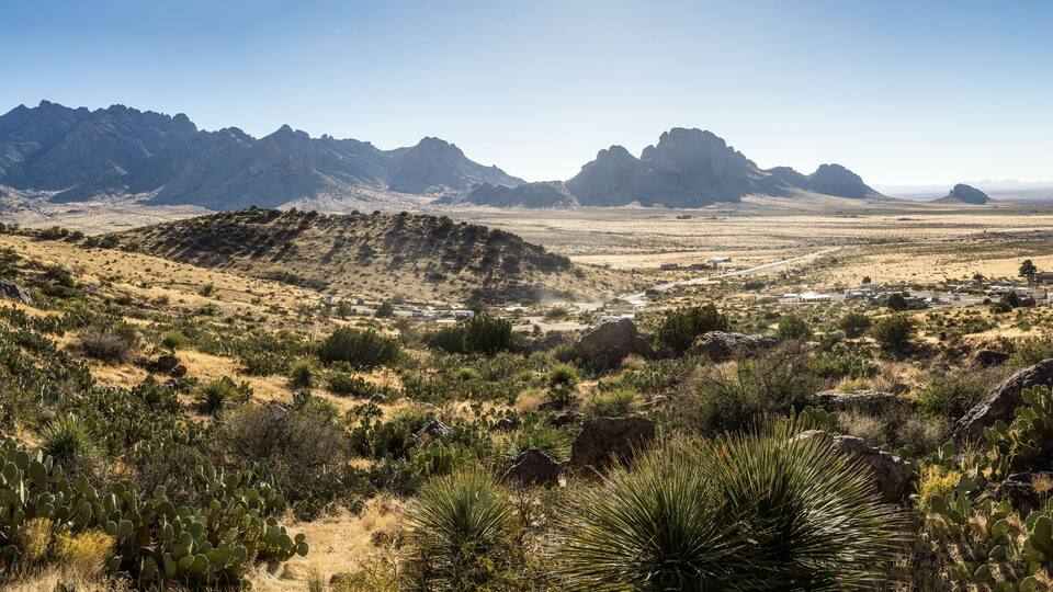 A desert landscape with mountains in the background and sparse vegetation in the foreground.