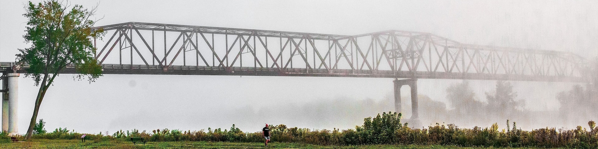 A bridge over a body of water, surrounded by a grassy field with a single tree and a person walking.