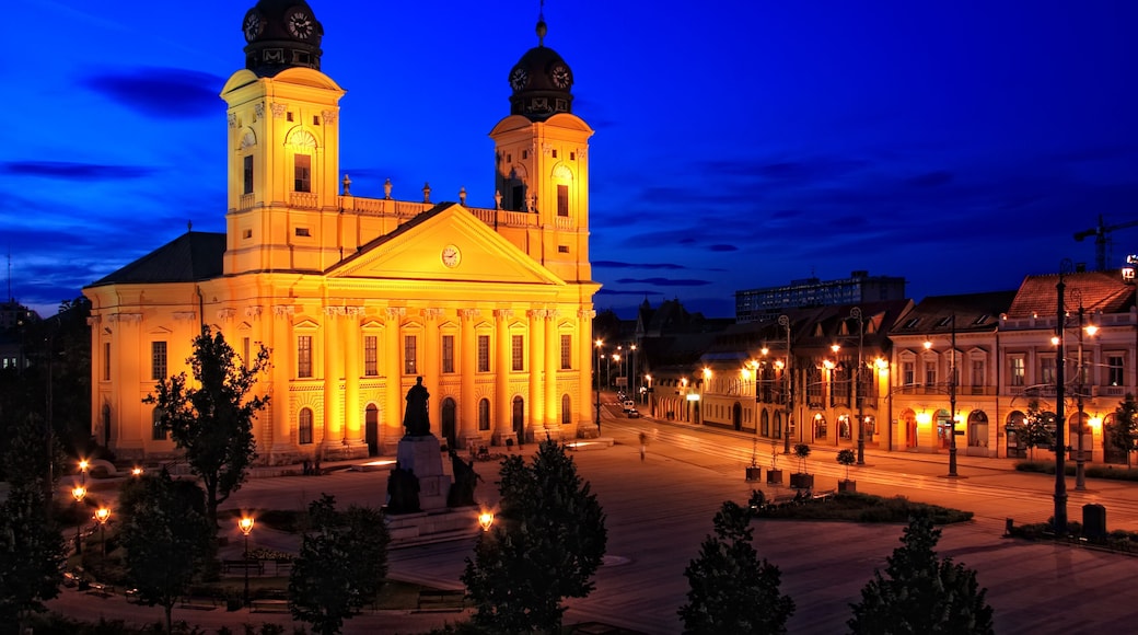 Main square of Debrecen city, Hungary at night