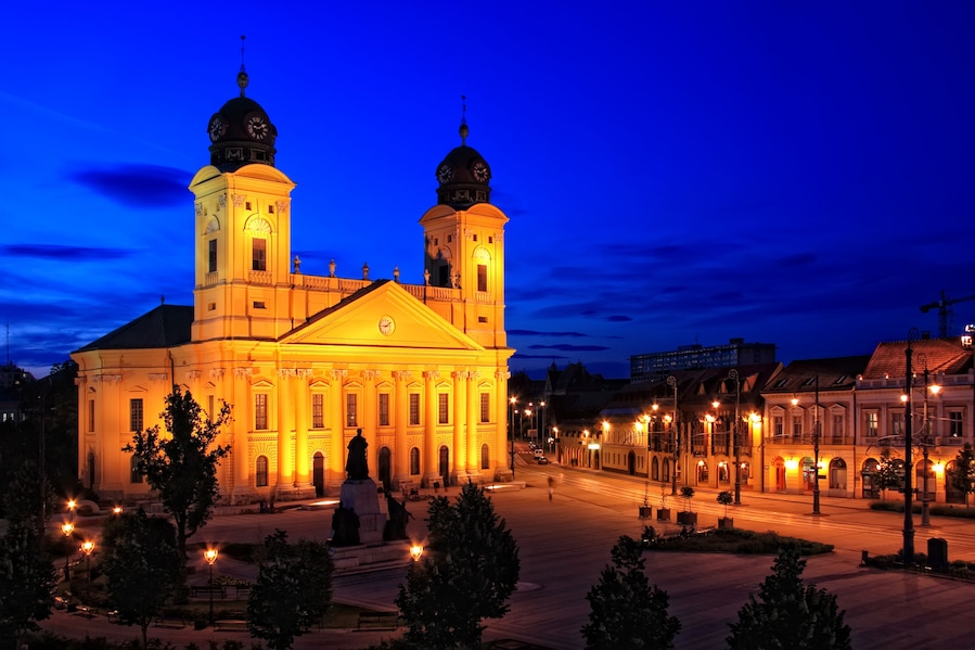 Main square of Debrecen city, Hungary at night