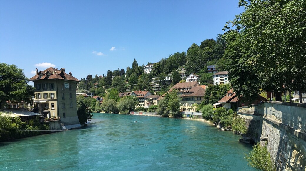 The river Aare in Bern, Switzerland taken from the farthest most point from the city, adjacent the uphill pathway to the rose garden.
Bern as the capital of Switzerland has some beautiful architecture and treasures to be seen walking its streets - particularly the Old Town. Its clear water is also served by water springs from the surrounding hills.