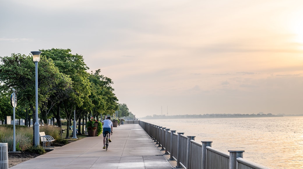 A waterfront promenade with a cyclist, trees, benches, and a railing along the path.