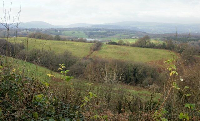 A view from Allt-yr-yn View, Newport. Allt-yr-yn View just beyond the western edge of Allt-yr-yn Wood finally lives up to its name. The view is northwestwards across grazing land with the hills of Mescoed Mawr in the far distance. In the middle distance is a part of Ynysfro reservoir. 496329