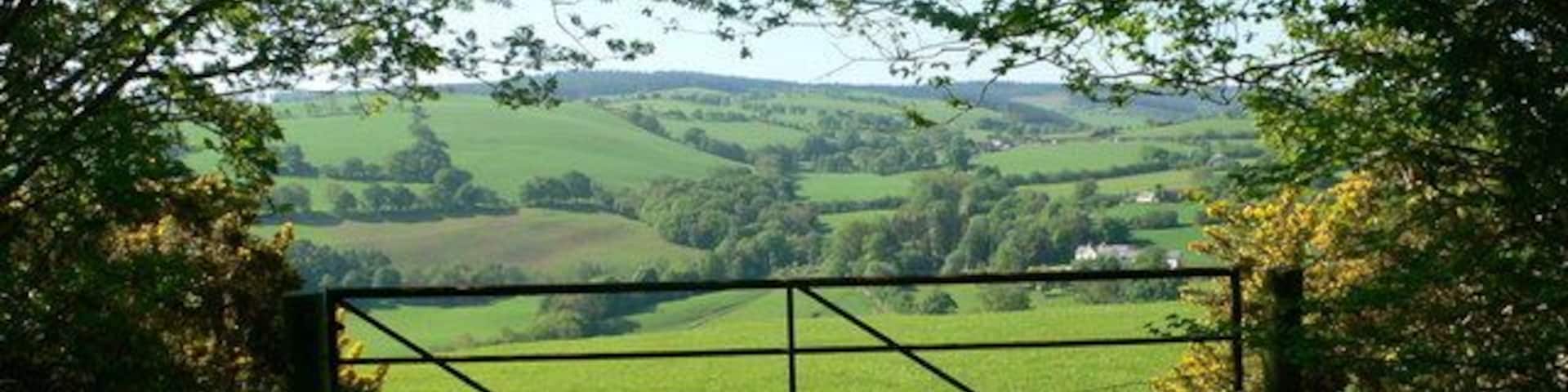 View to the Hiraethog mountains The Clocaenog Forest is on the tops of the mountains in the far distance. The village of Cyffylliog to the right in the valley.
