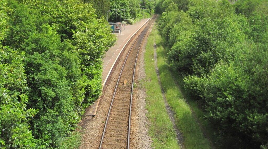 Dinas Rhondda railway station, Rhondda Cynon Taf. Opened in 1886 by the Taff Vale Railway on the line from Cardiff to Treherbert, this station replaced a previous one called Pandy. View south east towards Pandy and Cardiff. The platforms at Pandy started from just beyond the end of the current platform. As built, Dinas Rhondda had a further two tracks and a platform to the right of the line shown. Pandy only had two tracks and it is likely the enforced shift 200m west to the current location was because there was no room to widen the track at Pandy station. All a little ironic, as when this image was taken, there was only one!