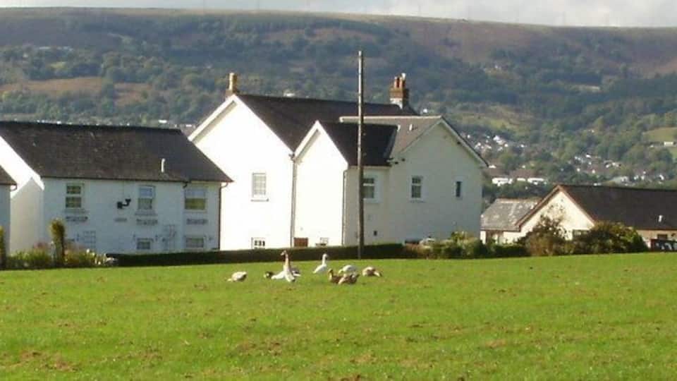 Garw Row, Croesyceiliog The view from The Highway across a field towards houses in Garw Row.
