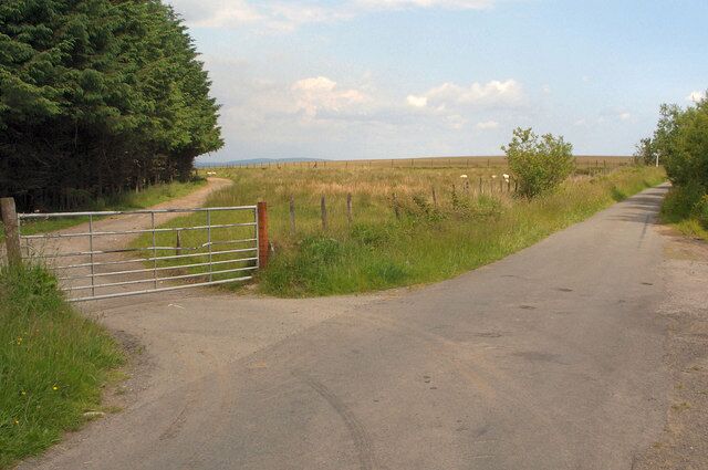 Gated lane junction north of Mynydd Ty-talwyn View, looking roughly eastwards, of a junction in the north of the grid square where a rather bumpy lane which has run south west from the A 4063 in the Llynfi Valley meets the mountain lane which passes through the square - as well as a gate.