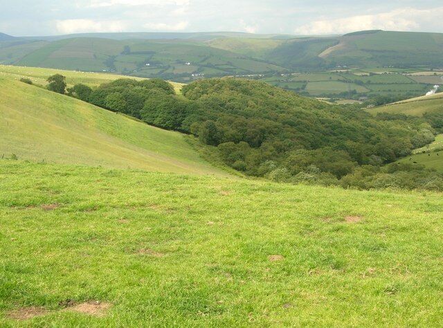 Cwm Nant-gwyn Wooded valley in the eastern half of the grid square as seen from a point adjacent to the junction of lane and footpath in the south of the square.