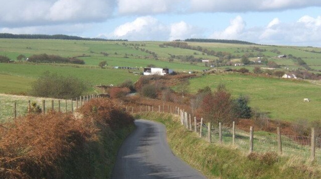 Lane above Gilfach With scattered farm buildings on the high valley slopes.
