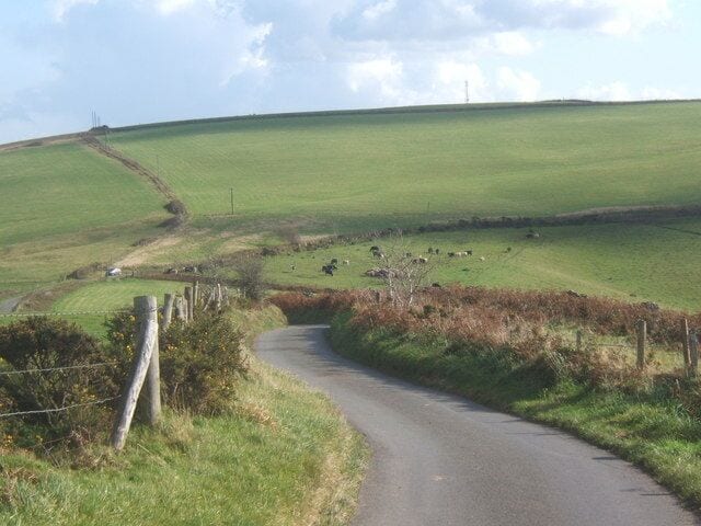 Lane with view to Mynydd Baedan This is an area of upland rolling grazing country with wide views.