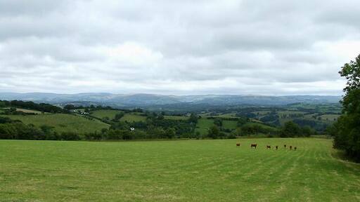 Ceredigion Landscape A wide angle view of farm land south-east across Nantcwnlle towards the Aeron Valley.