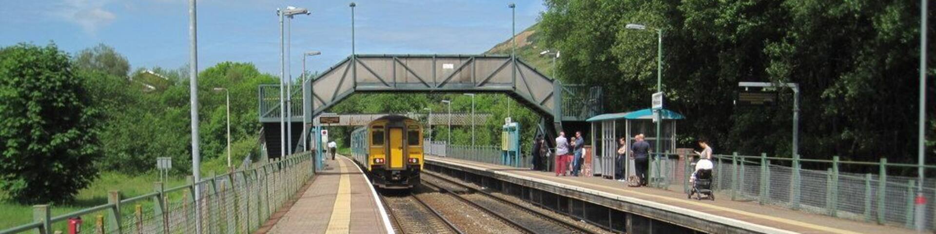Ystrad Rhondda railway station, Rhondda Cynon Taf. Opened in 1986 by British Rail on the line from Cardiff to Treherbert. View north west towards Ton Pentre (the original Ystrad Rhondda station which changed its name at the same time as this station opened) and Treherbert.