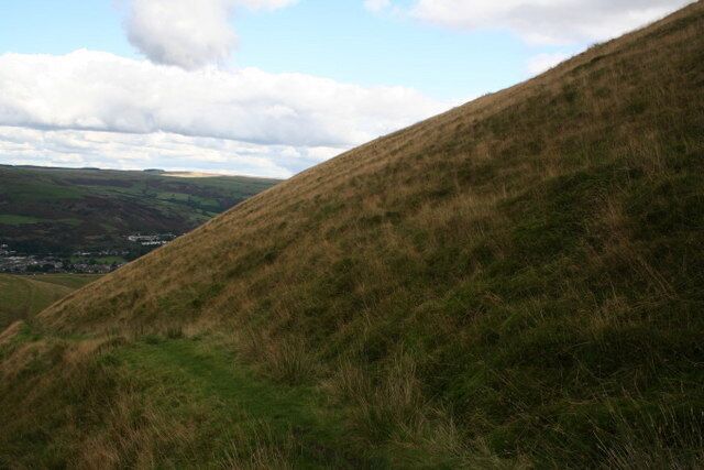 Hillside path The path just cuts the corner of this square, and above here the grass slopes of Mynydd Bwllfa lead to crags, which are in the square but not visible.