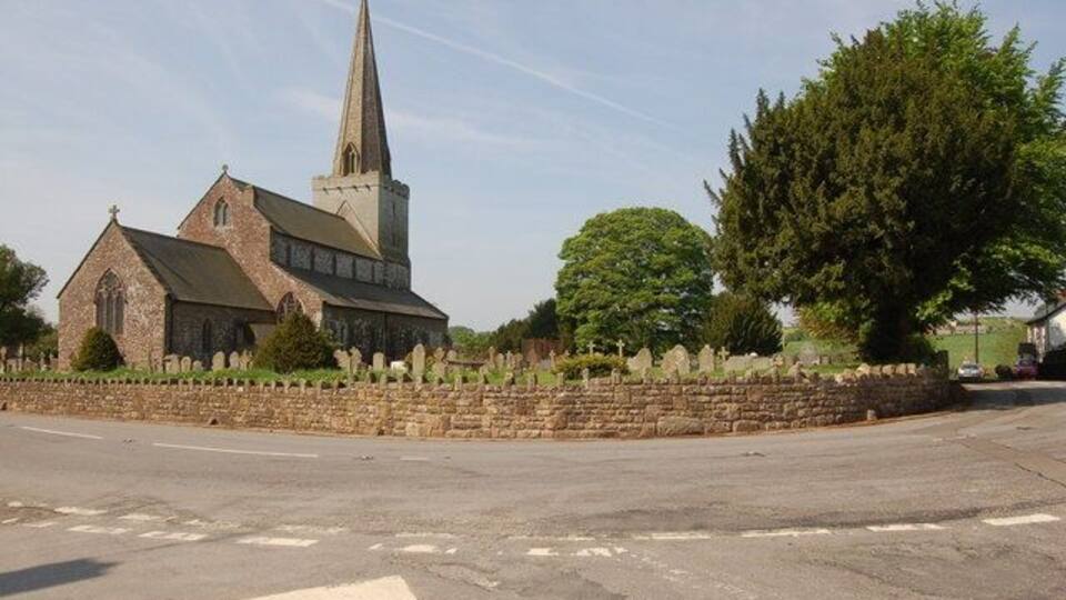 St Nicholas church in Trellech adjoining the B4293 View looks westwards from a spot near the Lion Inn.
