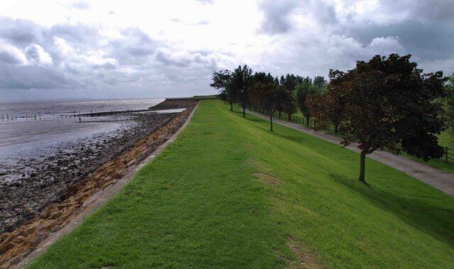A grassy path beside a rocky shoreline with a pier extending into the water.