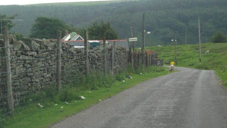 Blaen-y-cwm road and Tir-pentwys There is a School sign in this picture, but there does not appear to be an active school here now. There was once a mine in this area.