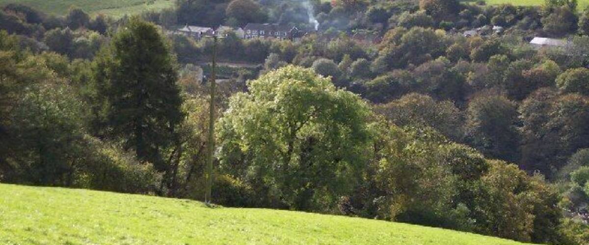 Pen-deri farm. Argoed, Caerphilly. Pen-deri farm and the hamlet of Gwrhay taken from on the Sirhowy Valley Walk climbing up from Argoed. On the skyline, five miles to the south, can be seen Mynydd Machen which is also on the same long distance path.