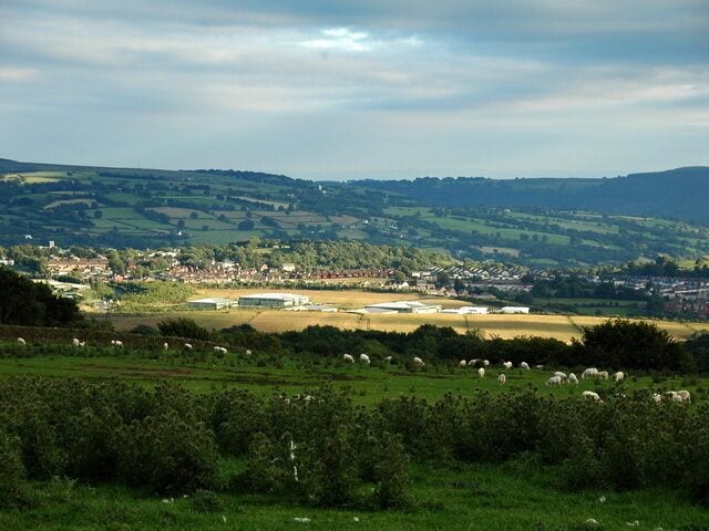 Oakdale Business Park from Pen-Y-Fan Oakdale Business Park, on the site of an old colliery, seen from the trig point on Pen-Y-Fan