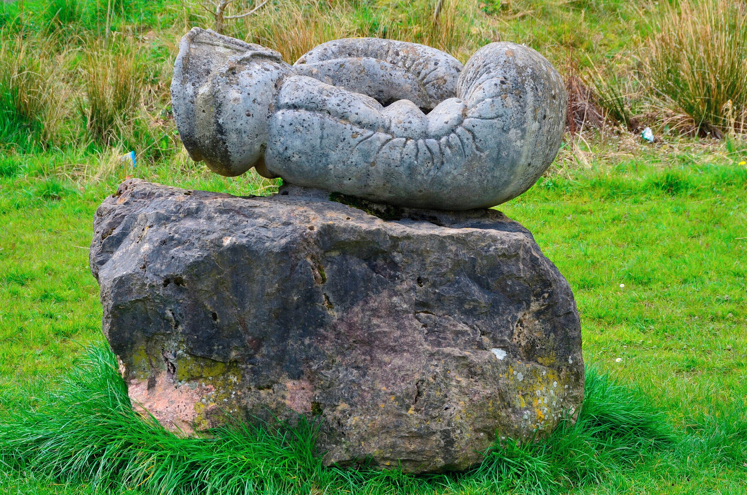 Sculptor Robert Kennedy.

Six separate small upright works set on stone bases; two boxing gloves, two dolls, cherub and a skull. Information from Festival Park: 'The works were carved away from site during 1991. They are made to operate as conventional garden ornamentation, within a constructed garden. The boxing gloves are there to depict some of their associated aspects, such as maleness and competition. The dolls depict something of how an image is idealised for mass consumption, becoming a distortion of the human figure. Both the gloves and the dolls can be seen as gendering devices through role play. The cherub and skull are life and death charms. Each of these suggests ways in which we adopt roles in society. What we really are is never as clear cut as what these images suggest.'
     Borderline was supported by Garden Festival Wales and Chapter Arts Centre. 'The sculptor, Robert Kennedy, felt that the Garden Festival was a huge, themed social event in itself. He wanted to create a themed garden within it, something social, commenting to some extent on the diversity of culture within real society.'
     A number of sculptures were commissioned for the Garden Festival of Wales in 1991/2 and some works remain on site.