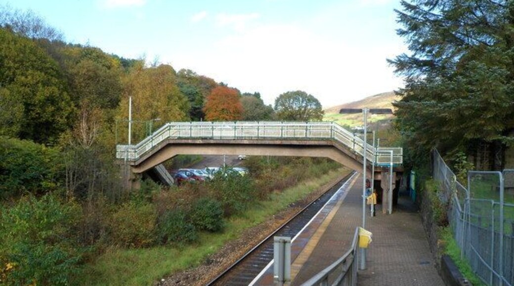 Llwynypia railway station. Viewed down the access ramp from the A4058. Llwynypia station is on the Rhondda Line, between Tonypandy station to the south and Ystrad Rhondda station to the north. The footbridge leads to the station's car park (capacity 12 vehicles).