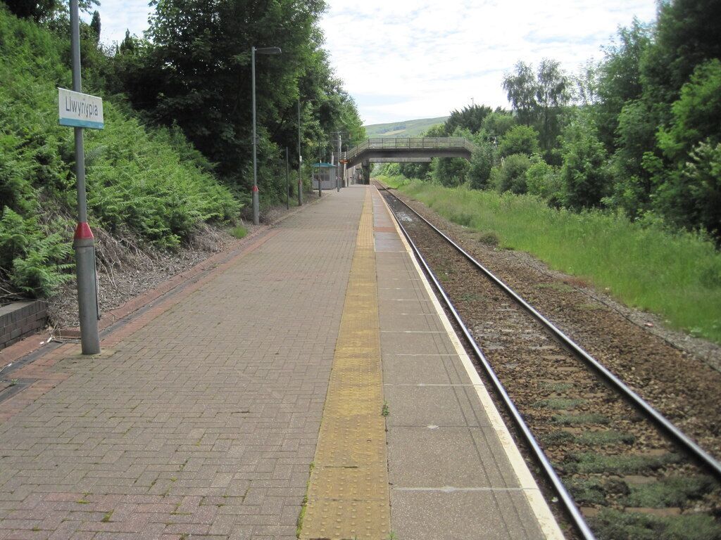 Llwynypia railway station, Rhondda Cynon Taf. Opened in 1863 by the Taff Vale Railway on the line from Cardiff to Treherbert. View south towards Tonypandy and Cardiff. The remains of the former northbound platform are hidden in the undergrowth to the right.