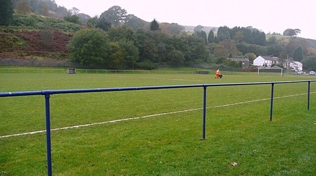 Wet pitch at Penygraig The A4119 grazes the north-eastern corner of the square. Adjacent, and in the square checked with GPS, is this football pitch. It looks as though the land may have been levelled to create the pitch, as the rest of the land going into the square on the left is steep up onto Mynydd Pen-y-graig. It was very wet and the groundsman looked thoroughly fed up.