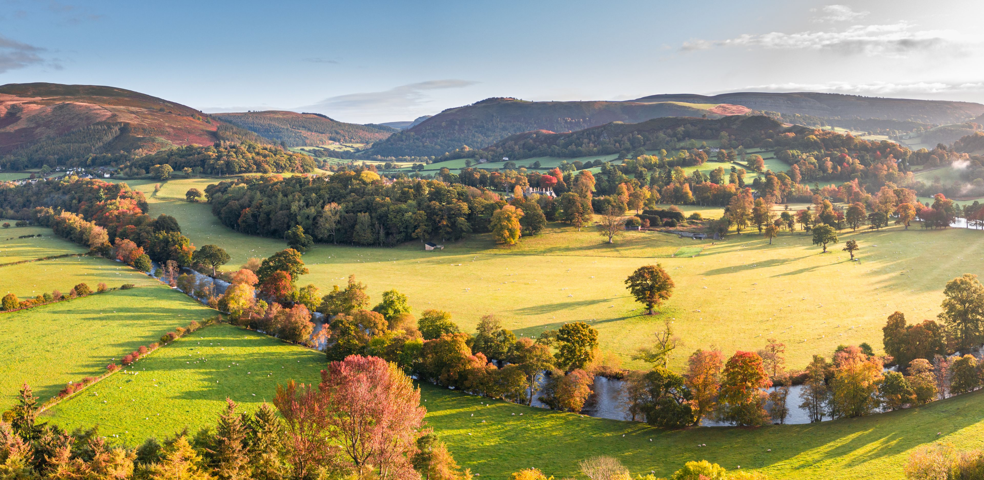 A rural landscape with rolling hills, a river, and scattered trees with autumn foliage.