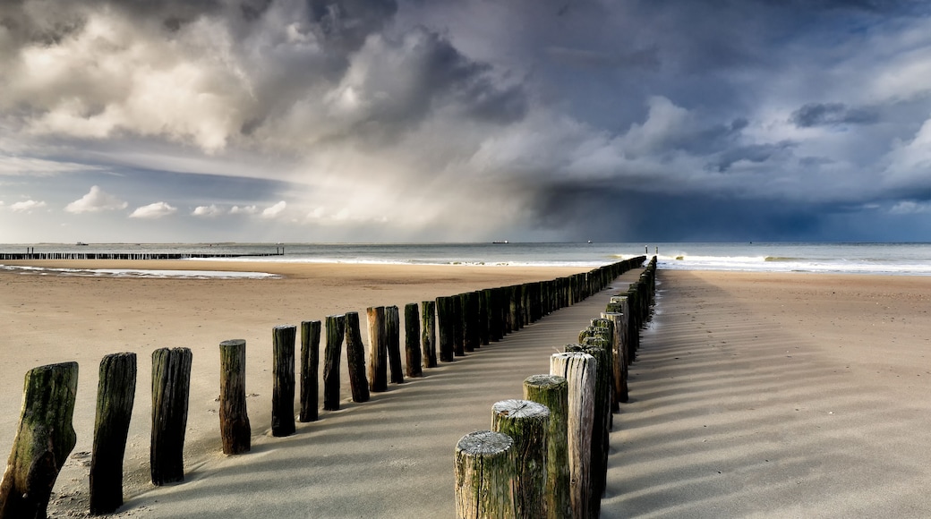 A beach with a wooden jetty extending into the ocean under a cloudy sky.
