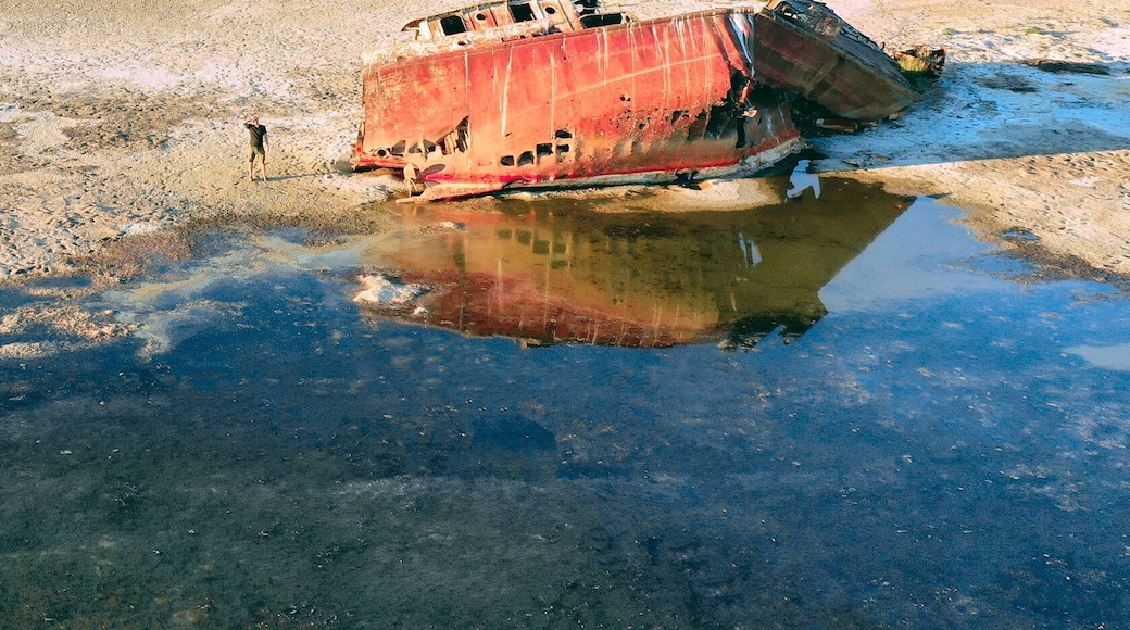 Old rusted ships are scatted along the shore of the receding Aral sea. The booming cotton industry in the south has slowly drained the lake. Very recently, efforts have been made to restore the lake to its former volume. Soon this ships will gone.