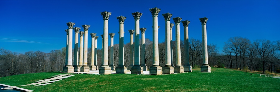 These are the historic National Capitol Columns at the National Arboretum. There is a stone walkway leading up to them surrounded by lawn against a blue sky.