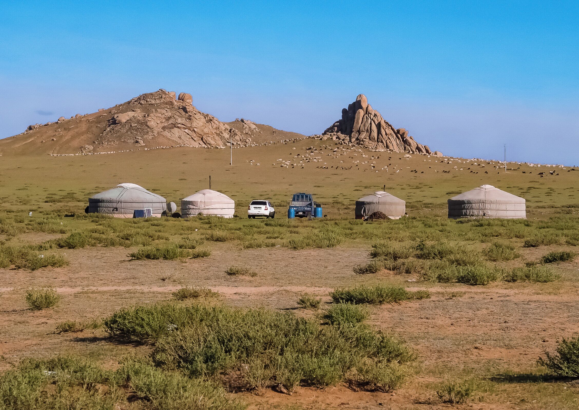Technically just outside the Mongol Els, I spotted this nomadic encampment.

I got some pretty strong vibes of American farming artwork (maybe "American Gothic").

#adventure #mongolia #nomad #asia