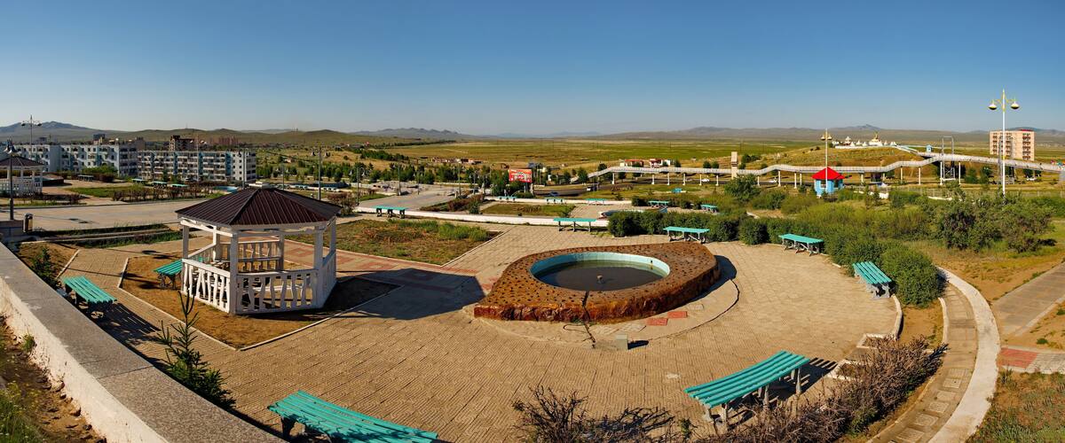 Darhan. Mongolia. June 12, 2015. A Buddhist complex of Buddha statues surrounded by stupas in the center of the city. It is a place of worship for Buddhists in North-Eastern Mongolia.