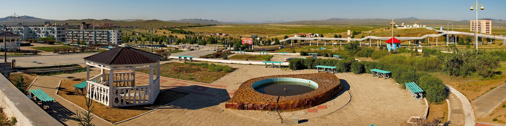 Darhan. Mongolia. June 12, 2015. A Buddhist complex of Buddha statues surrounded by stupas in the center of the city. It is a place of worship for Buddhists in North-Eastern Mongolia.