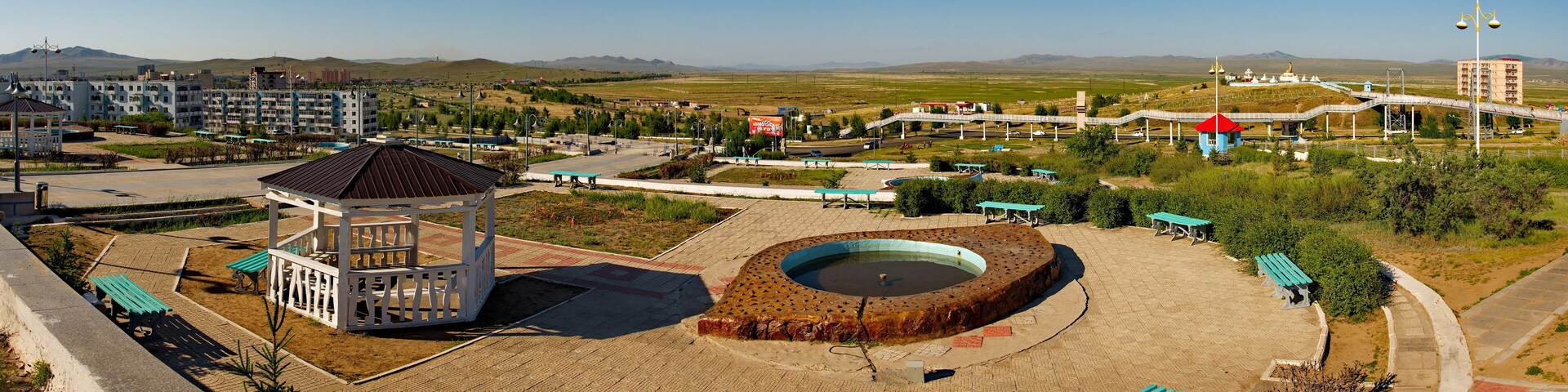 Darhan. Mongolia. June 12, 2015. A Buddhist complex of Buddha statues surrounded by stupas in the center of the city. It is a place of worship for Buddhists in North-Eastern Mongolia.