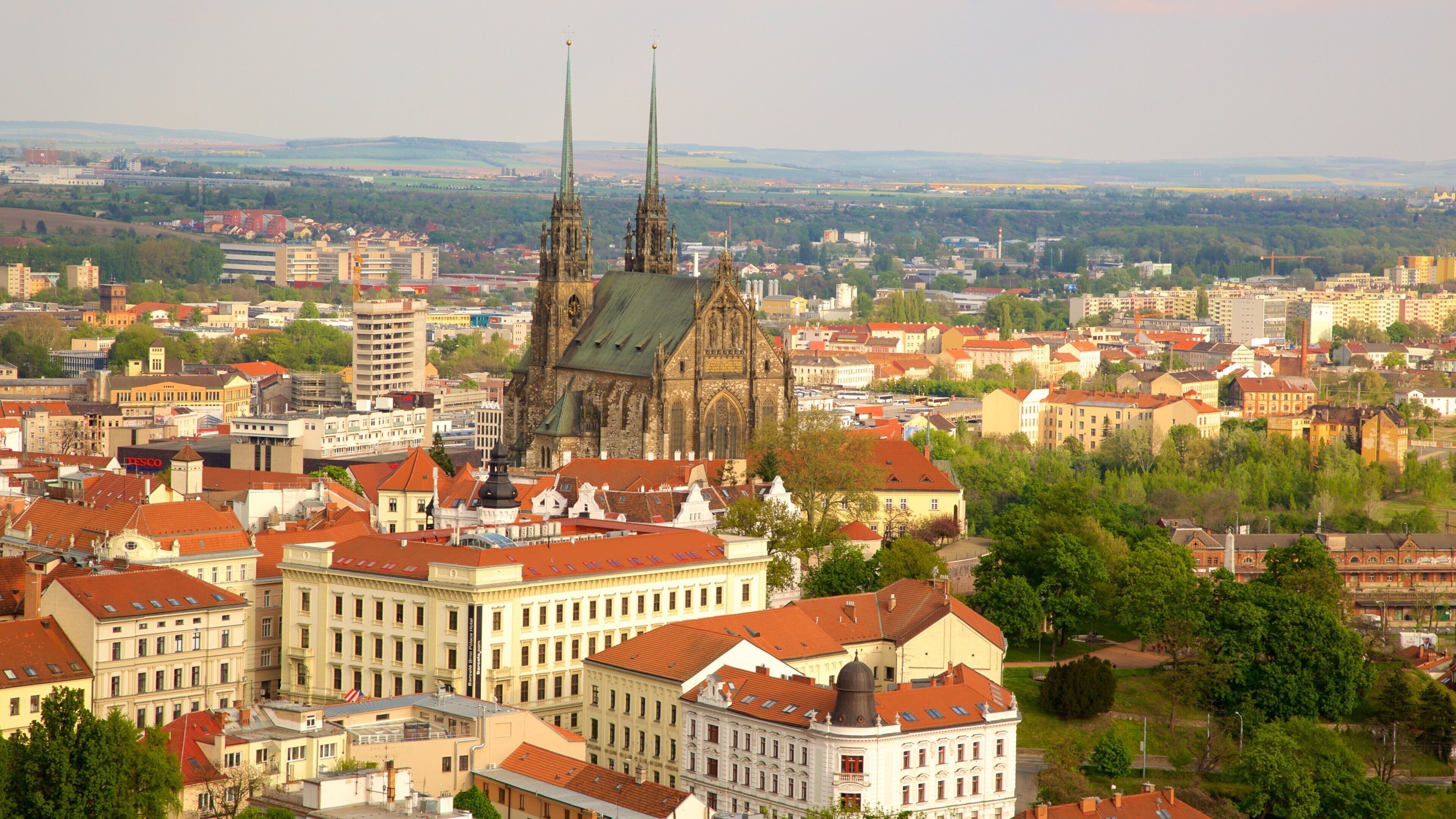 A cityscape with a prominent Gothic cathedral featuring twin spires, surrounded by historic buildings and a mix of modern architecture.
