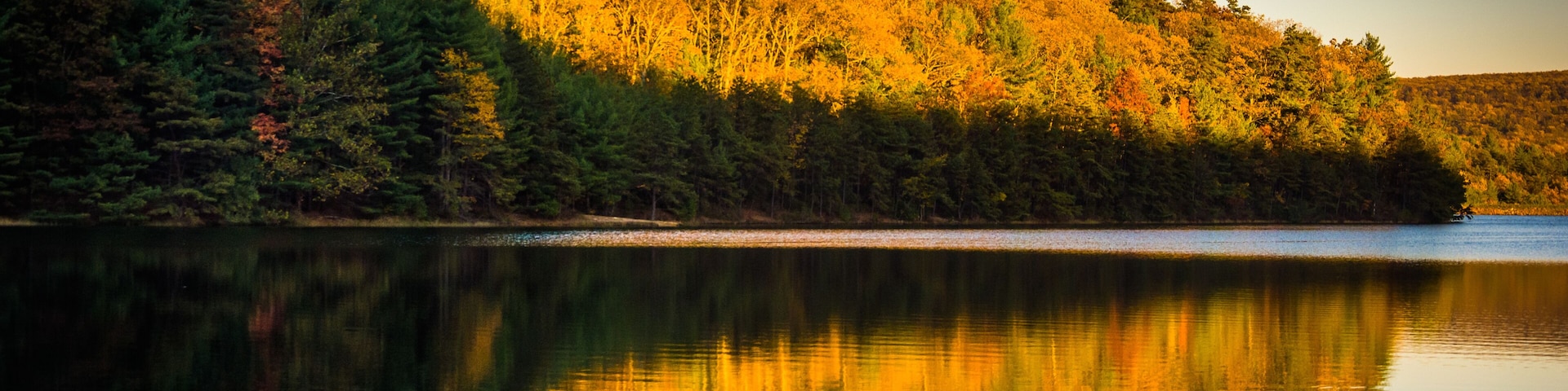 A calm lake reflecting a forested hillside with autumn foliage.