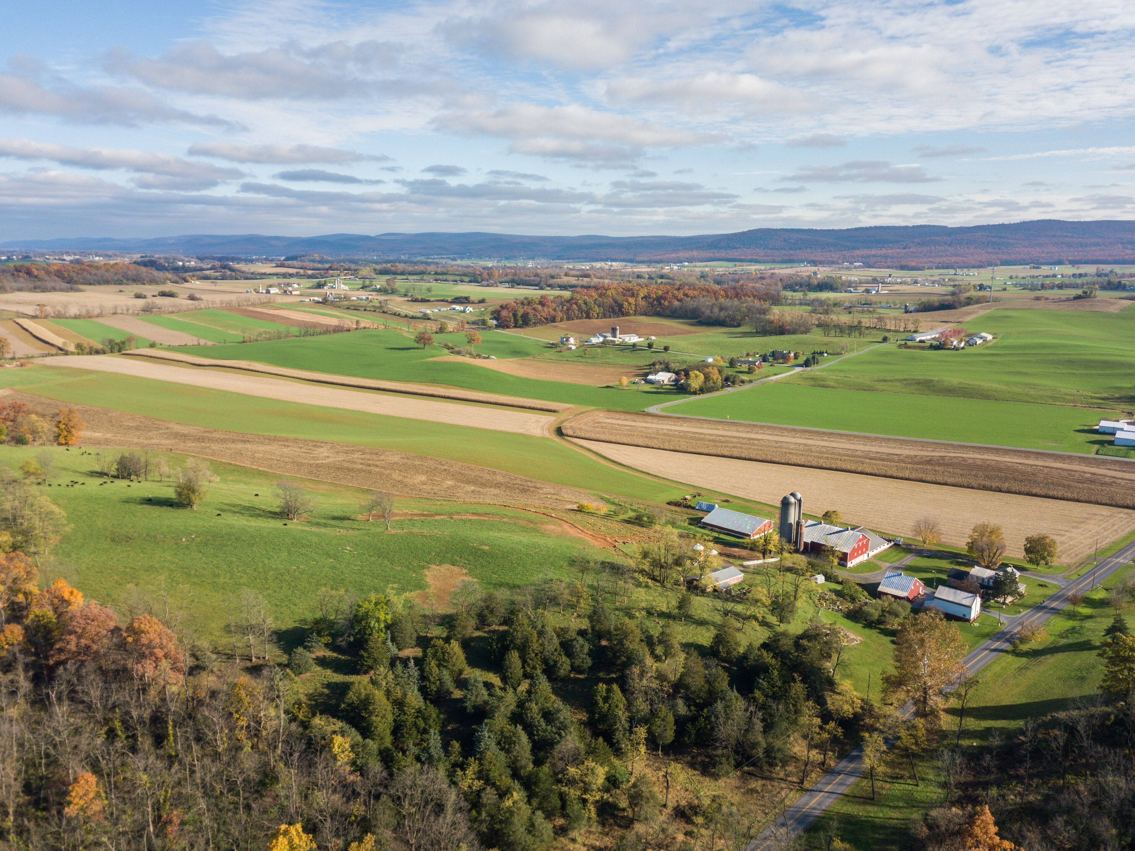 Aerial of Farmland Surrounding Shippensburg, Pennsylvania during late Fall