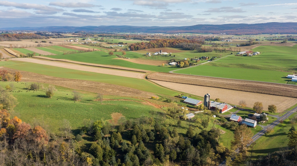 Aerial of Farmland Surrounding Shippensburg, Pennsylvania during late Fall