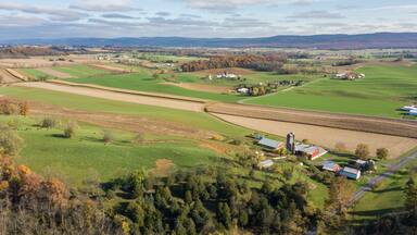Aerial of Farmland Surrounding Shippensburg, Pennsylvania during late Fall